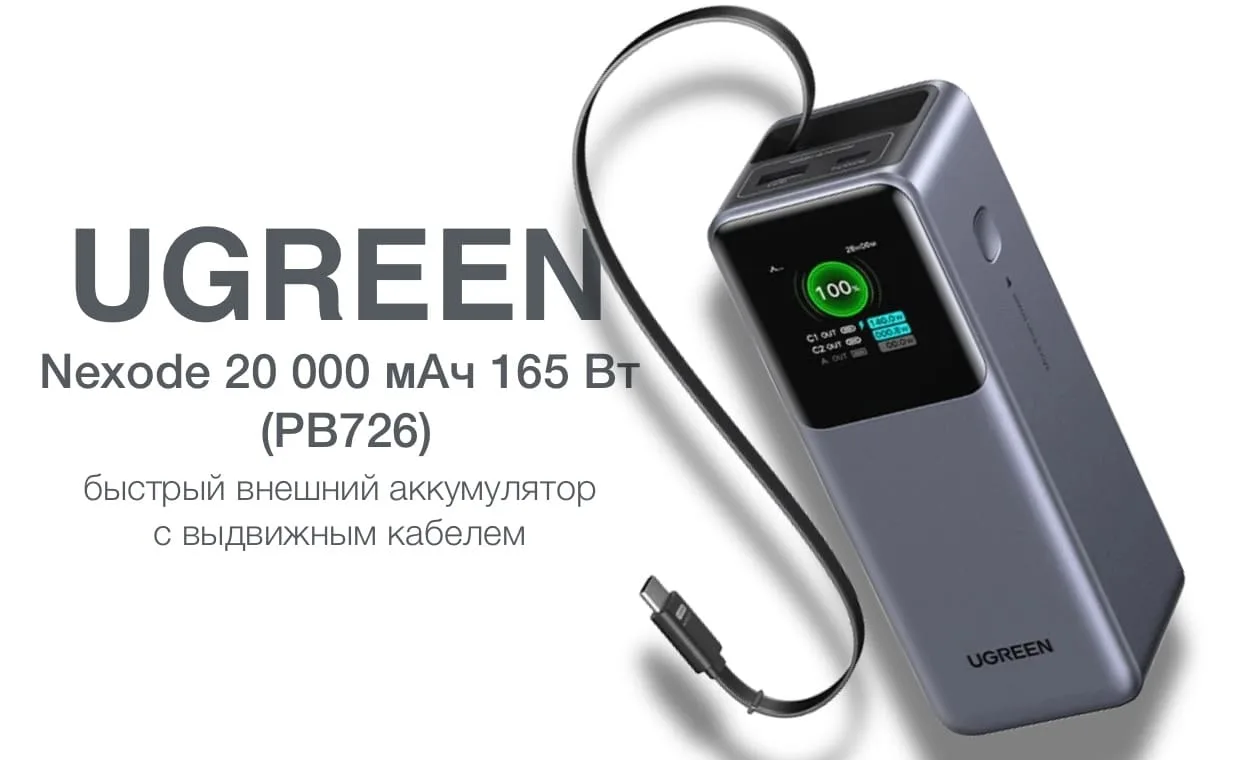 Обзор повербанка Ugreen Nexode 20 000 мАч с выдвижным кабелем, 165 Вт (PB726)