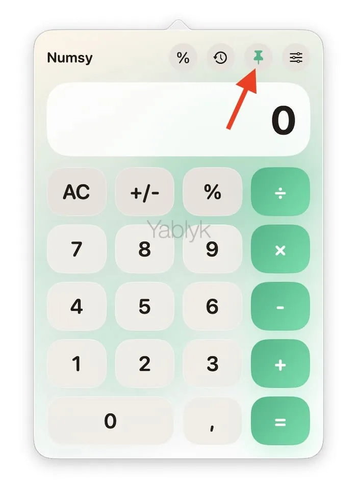 Закрепление калькулятора Numsy поверх окон