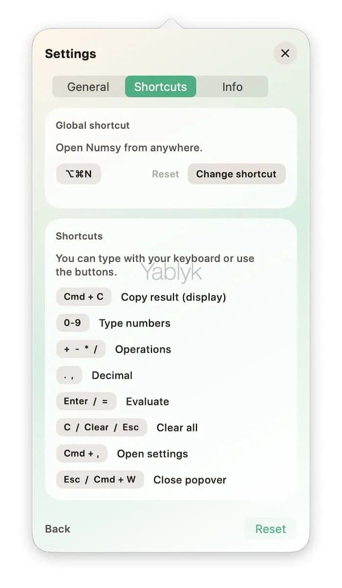 Вкладка Shortcut в калькуляторе Numsy